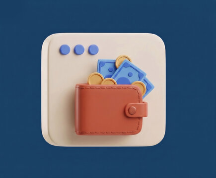 3D Wallet with Cash and Coins Icon
