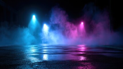 Obraz premium Neon stage lights in fog with wet asphalt reflection