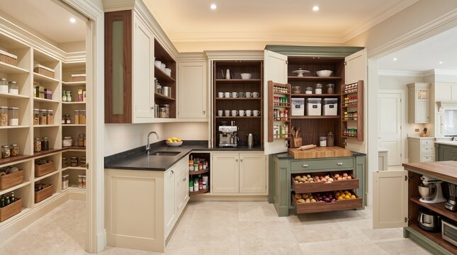Pantry storage collection with walk in shelves, butler counter, corner carousel and specialized food zones