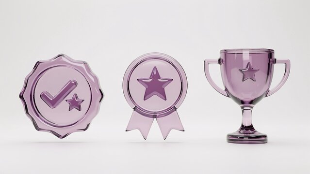 Three purple glass checkmark seal, star badge, and trophy cup
