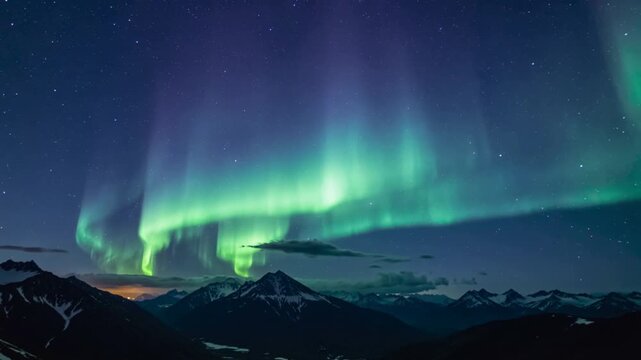 Vibrant Aurora Borealis Dancing Over Snowy Mountain Peaks at Night.