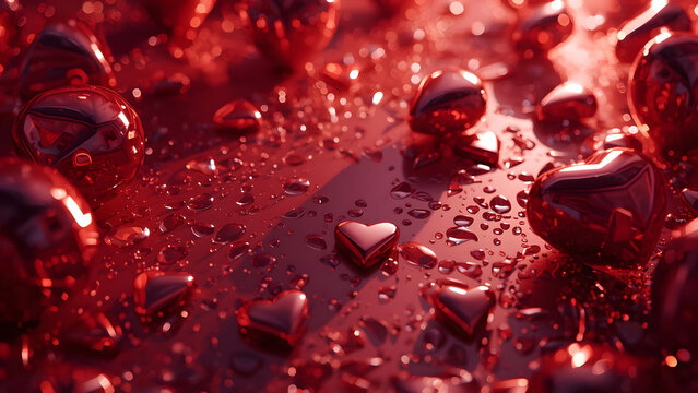 Glossy Red Hearts Scattered with Water Droplets, Romantic Valentine's Day Background