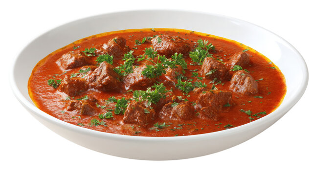 Savory beef stew cooked in a rich red tomato sauce garnished with fresh green parsley served in a white bowl on black background