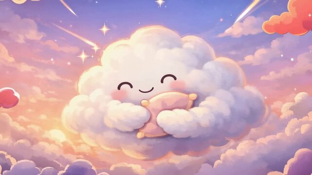 Cute smiling cloud hugging glowing sun in dreamy pastel sky with whimsical fantasy illustration