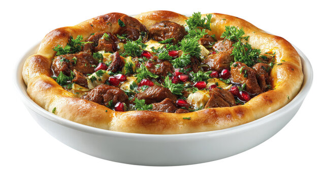 Savory meat pie topped with fresh green parsley and pomegranate seeds, served in a white ceramic bowl on a solid black background, food