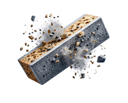 Explosion of a Building Block: A detailed illustration of a reinforced concrete building block fracturing, with debris and dust exploding outwards, symbolizing destruction or a breakthrough.