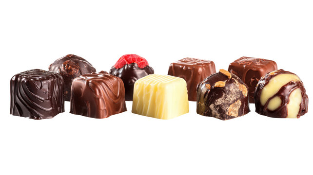 Selection of gourmet chocolate truffles and pralines arranged in a row on a solid black background, for confectionery and food