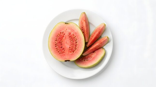 Fresh sliced pink guava fruit on white plate with tropical nutrition vitamins culinary