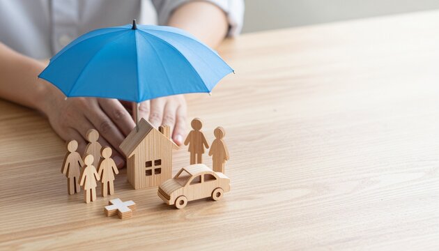 Protective insurance concept with bright blue umbrella shielding family, house, car, and medical icons
