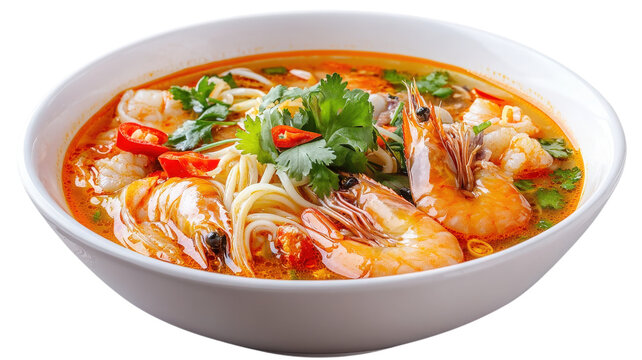 Spicy tom yum soup in a white bowl with fresh shrimp, rice noodles, red chili slices, and green cilantro leaves on a black background