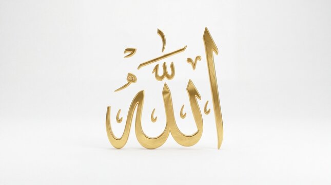 Golden Allah Arabic calligraphy on white background, 3D Islamic religious symbol, elegant gold metallic script for Ramadan and Eid