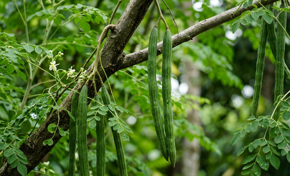 Fresh Green Moringa Drumstick Pods on Tree