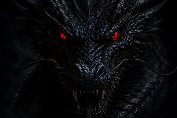 Fototapeta premium Head of black dragon with red eyes