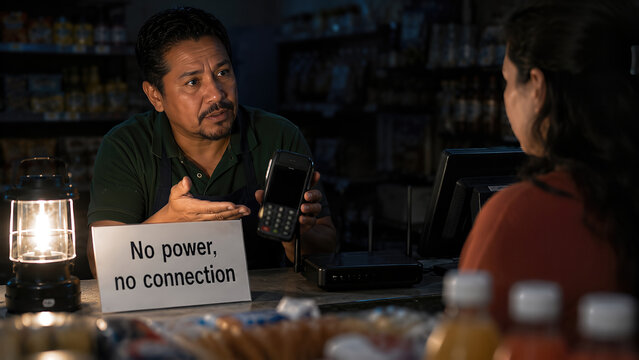 Shop Owner Explaining Card Terminal and Internet Failure During Store Power Outage
