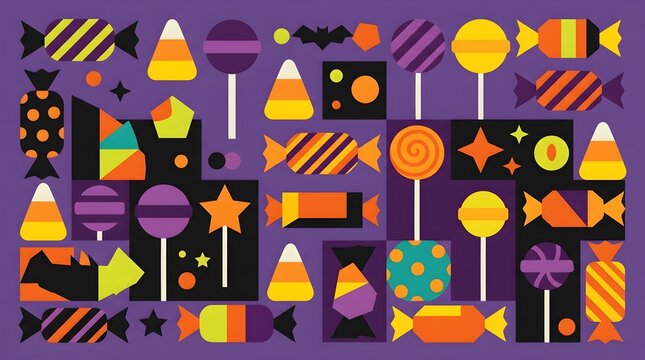 Colorful Halloween candy collection featuring candy corn, lollipops, wrapped sweets, striped candies, and festive treats in a modern flat vector style. Ideal for Halloween party invitations, posters, 