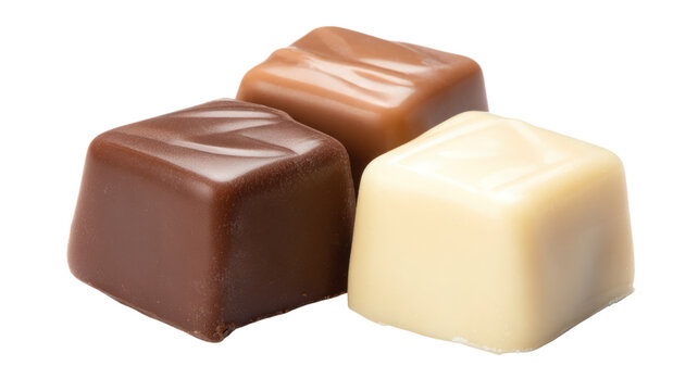 Three square chocolate pralines including milk and white chocolate, arranged together on a solid black background, for a studio, product shot