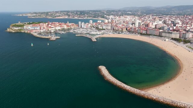 Aerial \iew of Downtown Gijon  - Marina and Boats, Cimavilla Peninsula, and Coastline Cityscape in Asturias, Northern Spain