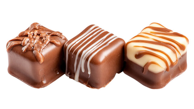 Three square chocolate pralines with different decorative toppings, arranged in a row on a solid black background, for a food presentation