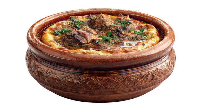 Traditional meat stew or casserole cooked in a rustic brown clay pot with decorative carvings, served on a plain black background, studio shot