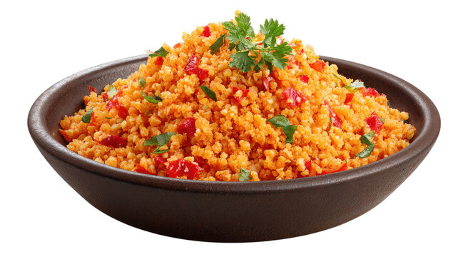 Traditional turkish bulgur salad kisir served in a dark brown ceramic bowl garnished with fresh green parsley on black background
