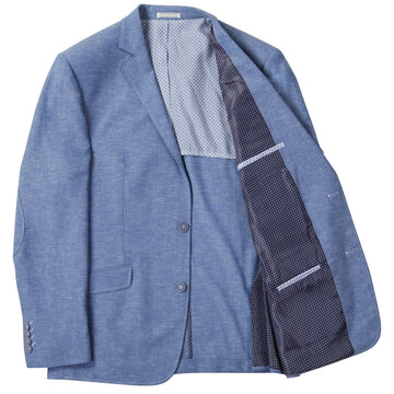 Light blue linen blend men blazer jacket isolated on white background. Casual suit jacket with pattern inner lining flat lay top view