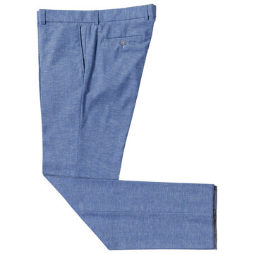 Light blue men suit trousers isolated on white background. Folded casual linen blend pants flat lay top view