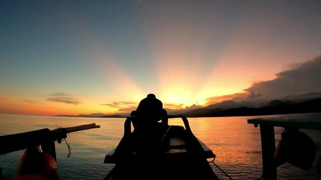 Wide aerial shot captures a vibrant orange sunset over the Central Java sea. A lone figure on a vessel observes the tranquil water, creating a romantic and serene atmosphere in the golden light. 