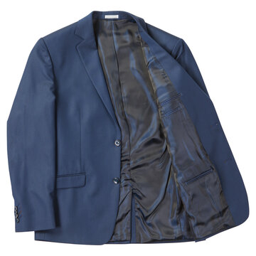 Dark blue textured men suit jacket isolated on white background. Classic navy blazer with inner lining flat lay top view