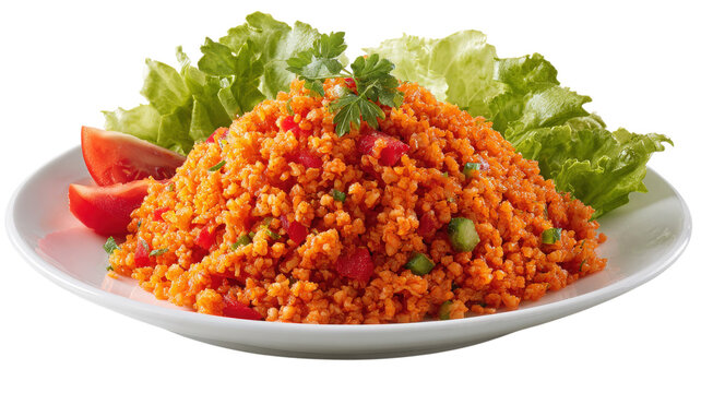 Traditional turkish bulgur salad known as kisir served on a white plate with fresh green lettuce leaves and red tomato slices black