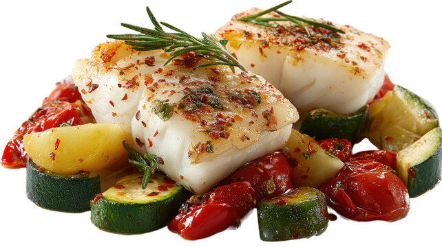 Two fillets of white fish seasoned with red spices and fresh rosemary, served with roasted zucchini, potatoes, and tomatoes, isolated on white