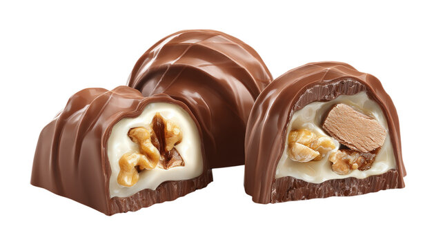 Two halves of a milk chocolate truffle with a creamy white filling and a whole walnut kernel inside, isolated on a black background