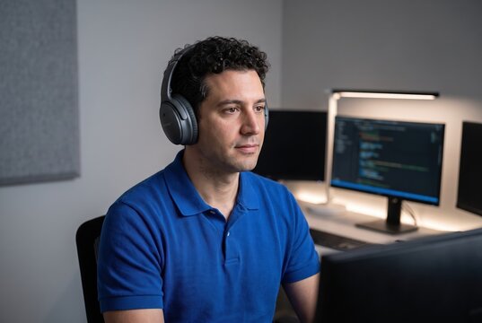 Generative AI, Software developer coding with headphones on dual monitors