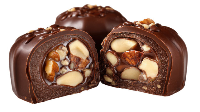 Two halves of a milk chocolate truffle filled with caramel and assorted nuts including almonds and walnuts, isolated on a black background