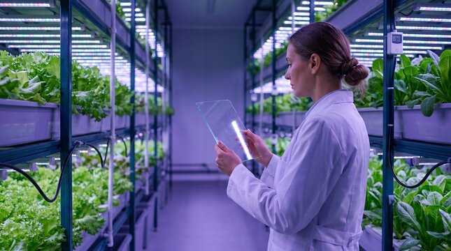 Female scientist using digital glass tablet in modern vertical farm with hydroponic plants.