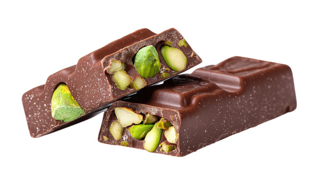 Two pieces of milk chocolate bars broken open to reveal crunchy green pistachio nuts inside, captured on a solid black background surface