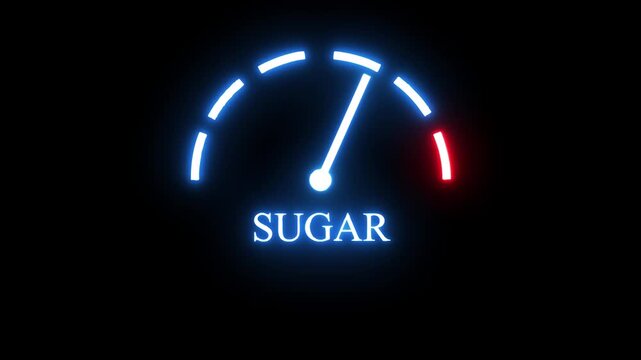 Sugar at high levels, displayed on a barometer or tachometer, illustrating excess sugar intake, potential impact on health, and the need for balanced dietary regulation and moderation