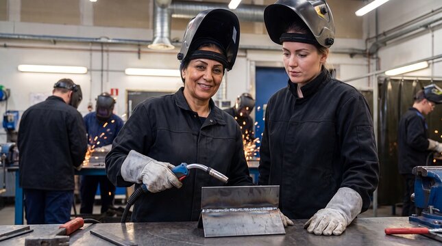 welder women mentor apprentice welding workshop industry training skills career An older tradeswoman demonstrates torch technique to a young apprentice for vocational training and workforce campaigns