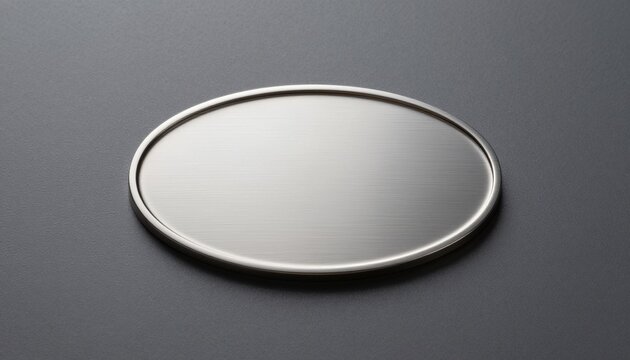 Premium oval silver badge mockup with brushed metal texture and beveled edges