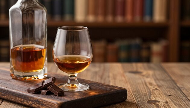High-resolution photograph of a crystal snifter glass filled with golden cognac on a dark wooden surface