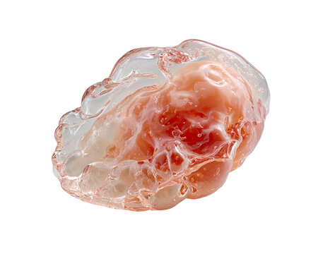 Medical Marvel: Close-up view of a transparent, gelatinous encapsulation containing organic, pinkish-red material, evoking a sense of scientific discovery and research.