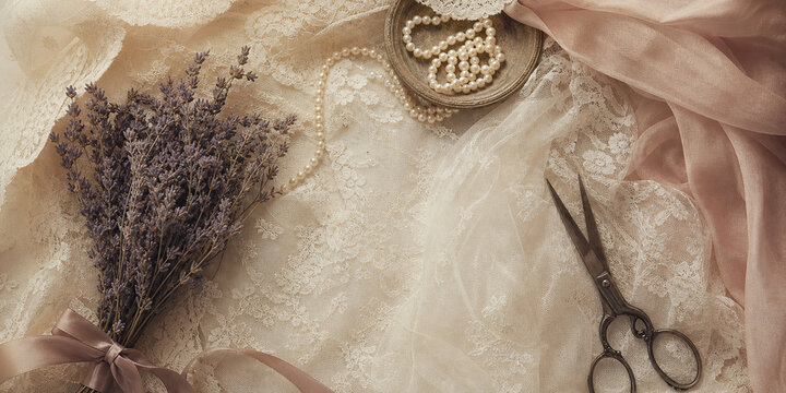 Vintage Lace Wedding Flat Lay Soft Sepia Rose Wedding Romantic Concept