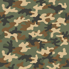 Fototapeta premium Classic woodland camouflage seamless pattern in olive green brown and beige military camouflage background
