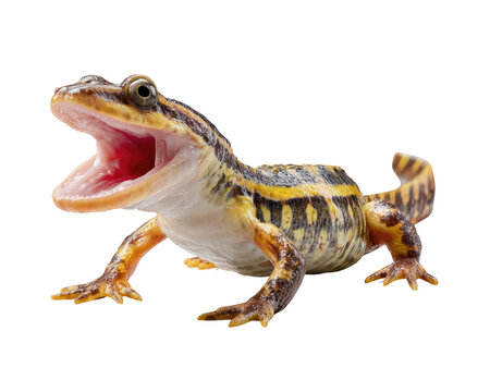 Amphibian Action: A captivating close-up of a leopard frog with its mouth wide open, showcasing intricate patterns and vibrant colors, in a moment of striking natural display.