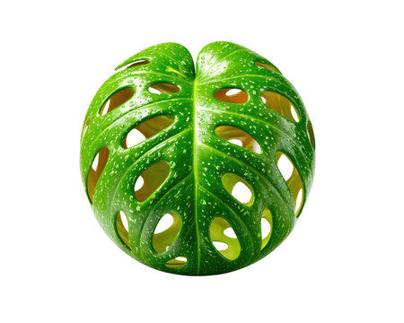 Monstera Leaf Orb: A vibrant green Monstera leaf artfully shaped into a spherical orb, showcasing its iconic fenestrations and lush texture.
