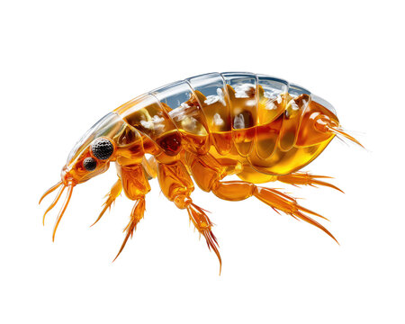 Amphipod Macro Shot: A detailed macro photograph showcases a translucent amphipod with intricate segmented legs and antennae, highlighting its delicate anatomy against a clean backdrop.
