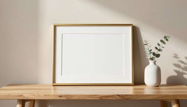 Minimalist horizontal golden frame with metallic finish on light oak table for interior decor mockup