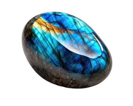 Iridescent Labradorite Gemstone: A mesmerizing oval-cut labradorite gemstone showcasing vibrant blue and golden iridescence with intricate internal schiller.