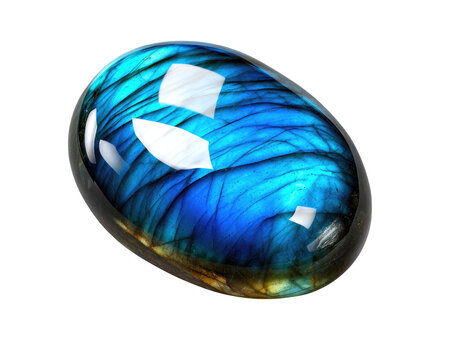 Labradorite Gemstone Shimmer: A polished cabochon of labradorite gemstone displays a mesmerizing iridescent sheen of blues, greens, and yellows, reflecting light with its characteristic flash.
