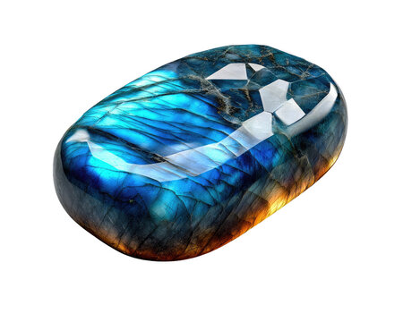 Iridescent Labradorite Gemstone: A polished oval labradorite gemstone displays a captivating iridescence with swirling patterns of blue, green, and yellow.