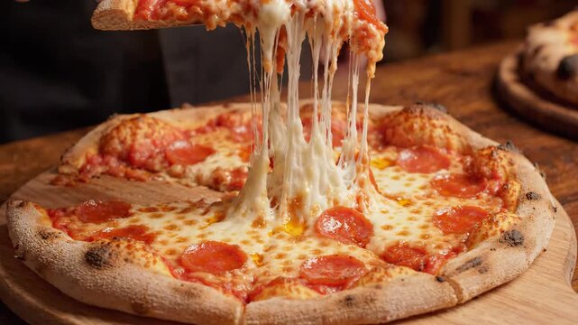 A delicious pepperoni pizza with a slice being lifted, showing gooey, stretchy melted cheese.